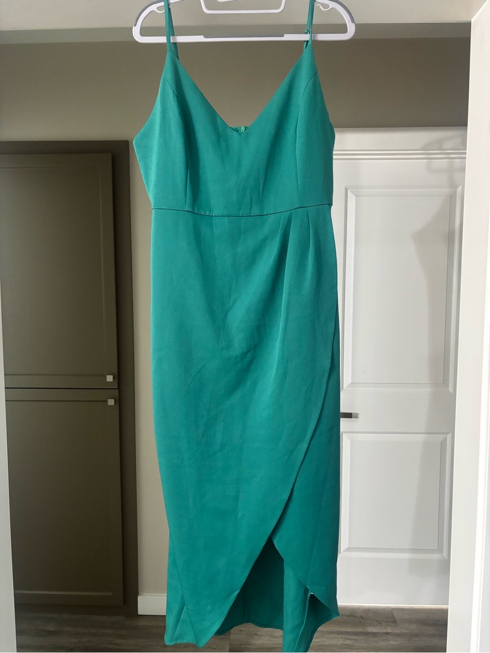 Spaghetti Strap Teal Asymmetrical Midi Dress